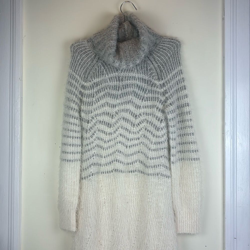 Cozy Two-Tone Ivory & Light Gray Turtleneck Dress